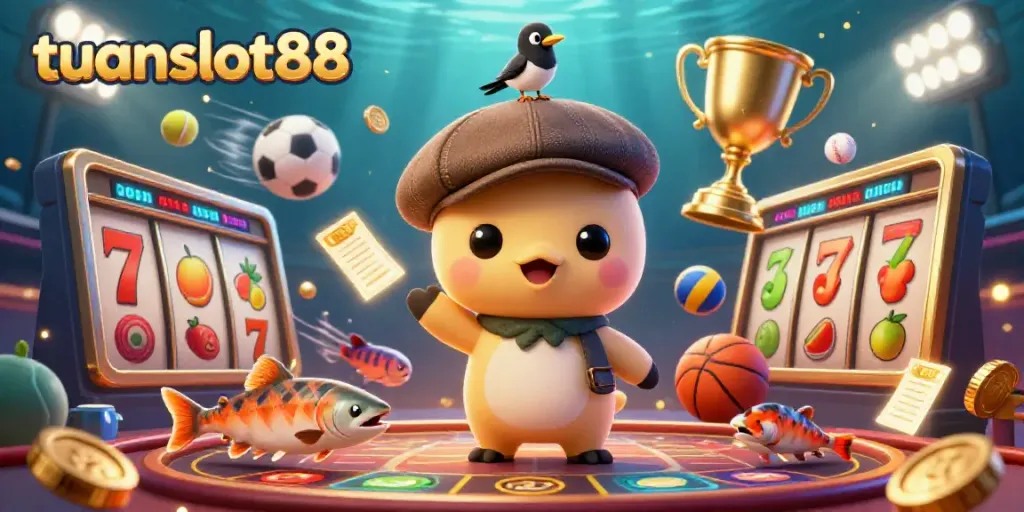 Gambarlah aksi slot tuanslot88 dengan karakter lucu dan simbol kasino yang menarik.