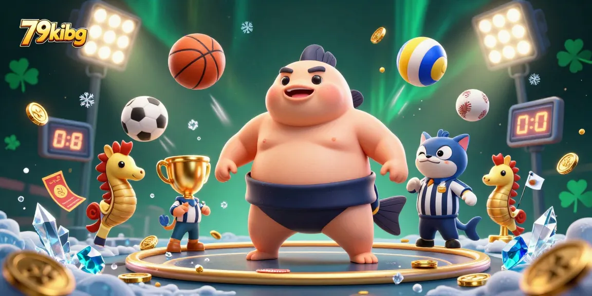 Experience gaming excitement with the playful 79kibg character amid vibrant casino elements.