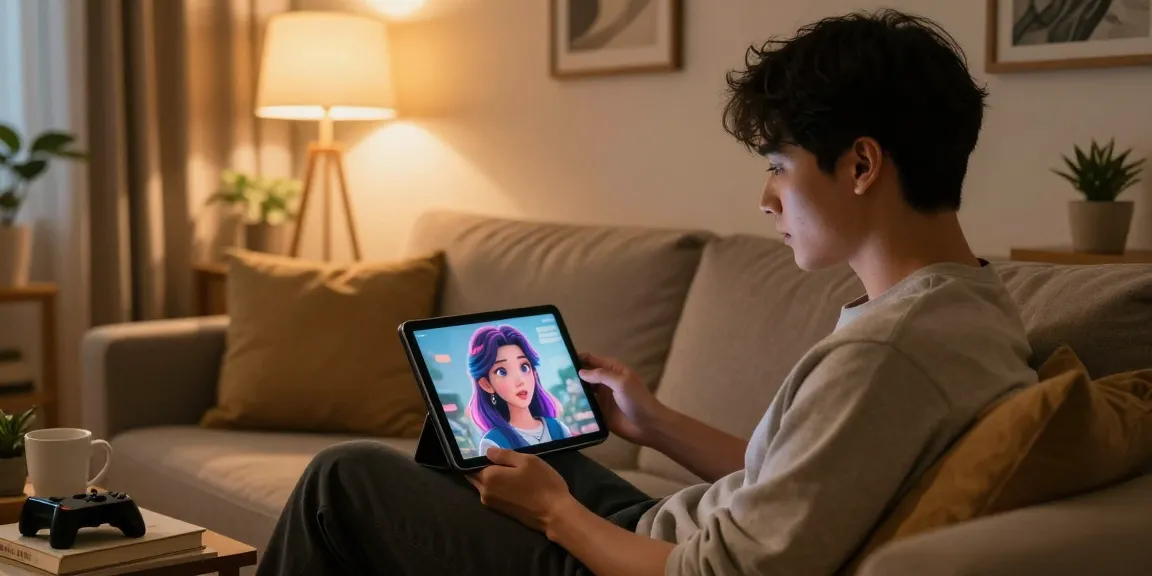 Engaging with an AI girlfriend on a tablet in a cozy home setting.
