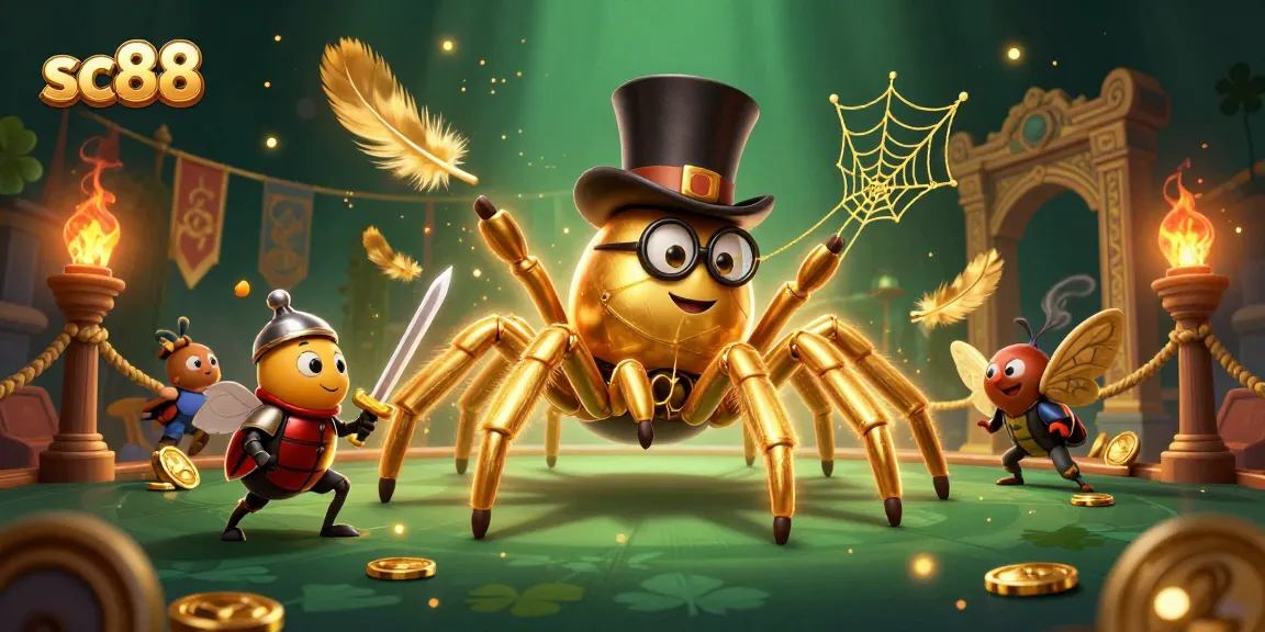 Experience thrilling adventures at sc88 with a daring beetle knight and a golden tarantula amidst lively casino elements.