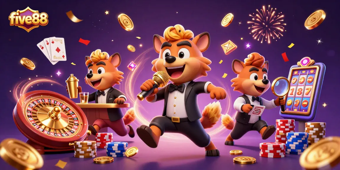 Experience the vibrant five88 casino club with animated hyenas entertaining and celebrating