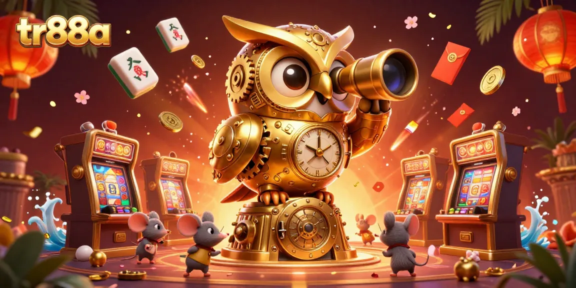 Experience the vibrant 3D casino scene with TR88a, featuring a clockwork owl and joyful patrons.