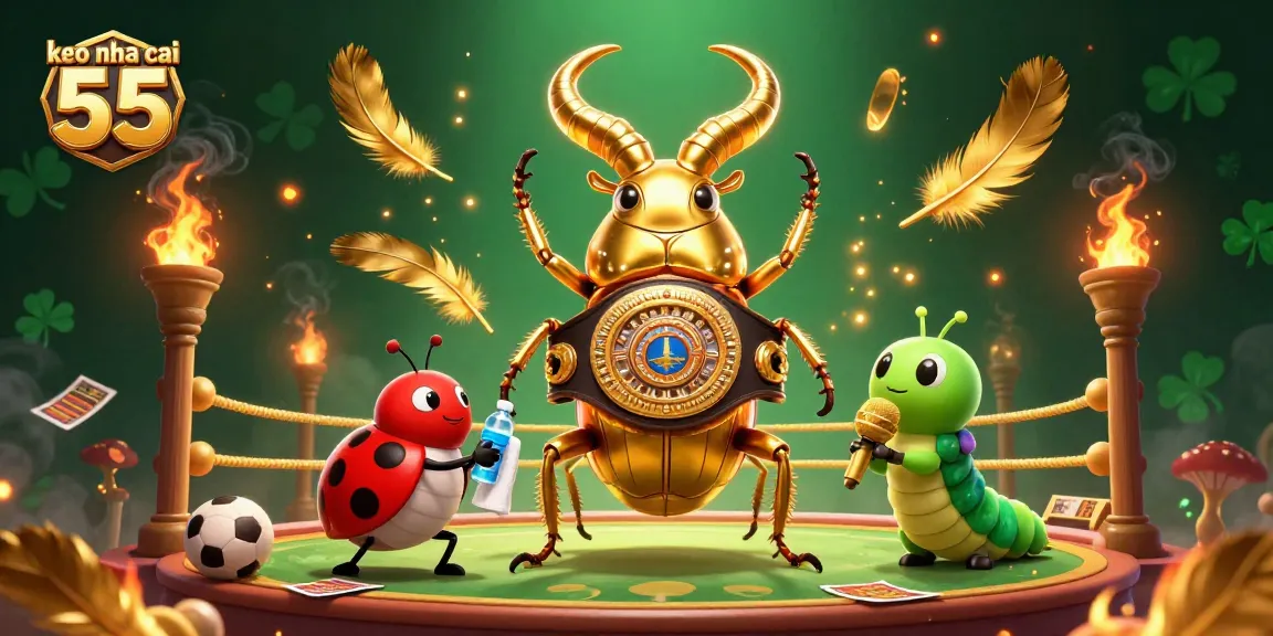 Bet on keo nha cai 55 with captivating 3D illustration of a golden stag beetle boxing champion in an action-packed sports betting arena.