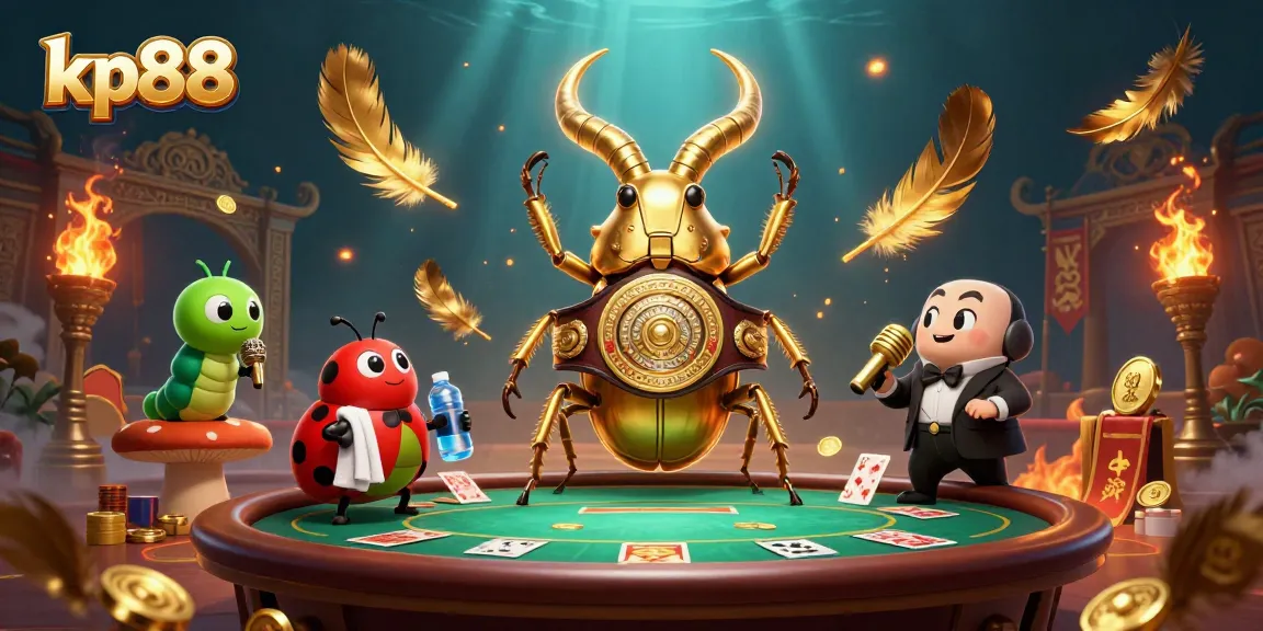 Experience the excitement of kp88 with vibrant casino elements, featuring a golden stag beetle champion.