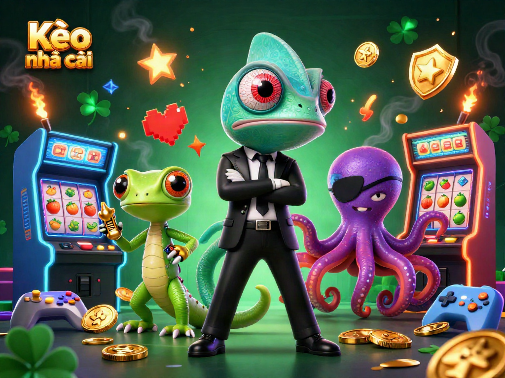 Kèo nhà cái showcases an action-packed casino scene with a colorful 3D cartoon chameleon, gecko, and octopus surrounded by game elements.
