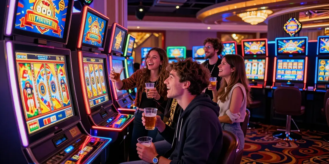 Excited player enjoying Fortune Gods slot machine in vibrant casino atmosphere with friends, bright lights, and jackpots.