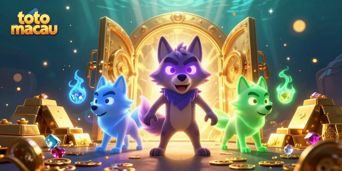 Bermain toto macau dengan pengalaman seru bersama karakter wolf 3D, dikelilingi harta karun berkilauan.