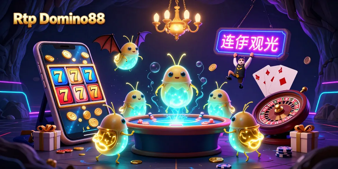 Experience Rtp Domino88 with vibrant glowworms lighting a dynamic casino scene filled with gameplay elements.