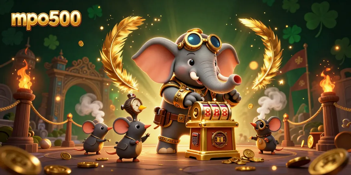 MPO500 steampunk elephant engineer operating a golden slot machine in a vibrant casino scene