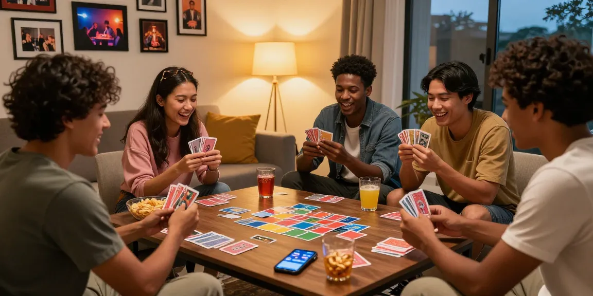 Friends enjoying an engaging card game night featuring Card Rummy, snacks, and lively interactions in a cozy living room.