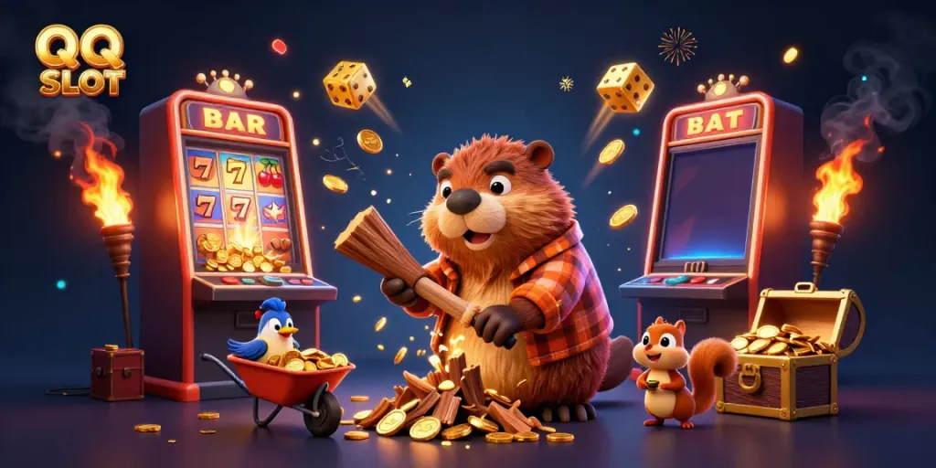 Win big with QQ SLOT in this dynamic 3D casino scene featuring animated characters and great prizes.