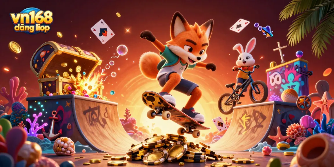 Engaging scene of vn168 đăng nhập with vibrant casino symbols and 3D characters showcasing dynamic gaming action.