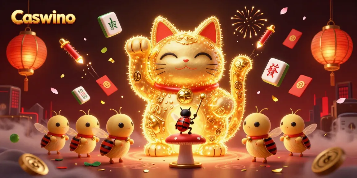 Caswino Casino's vibrant 3D scene showcases golden fireflies as a lucky cat, blending lucky symbols.