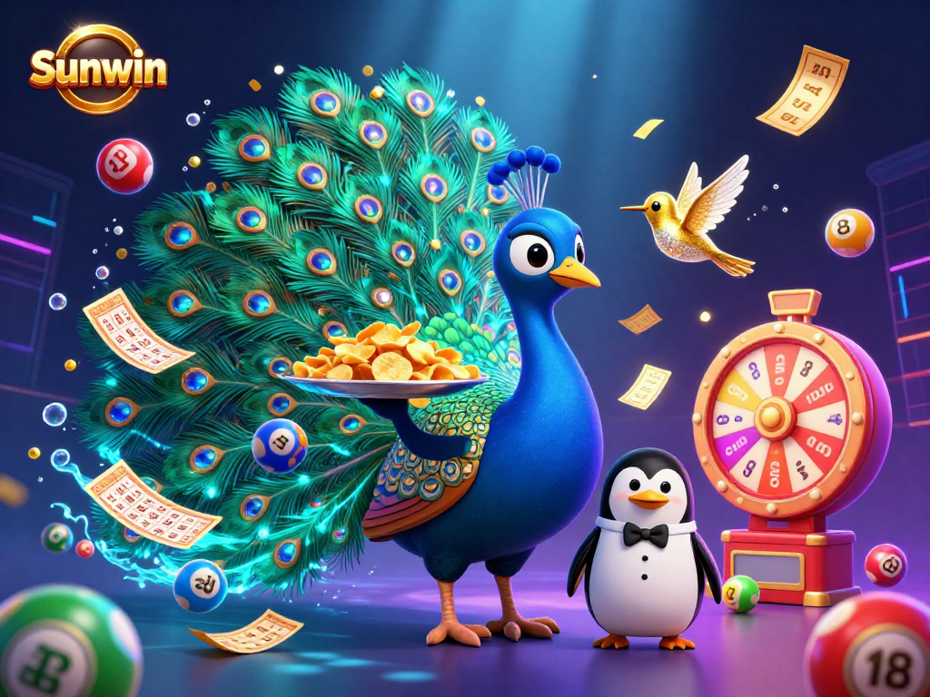 Play at Sunwin with colorful lottery balls and a vibrant casino scene full of excitement.
