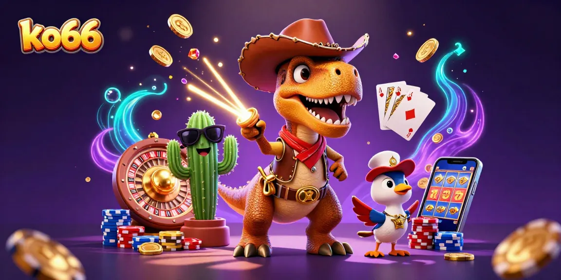 ko66 casino adventure features a cowboy dinosaur alongside a cactus and roadrunner, with floating casino elements