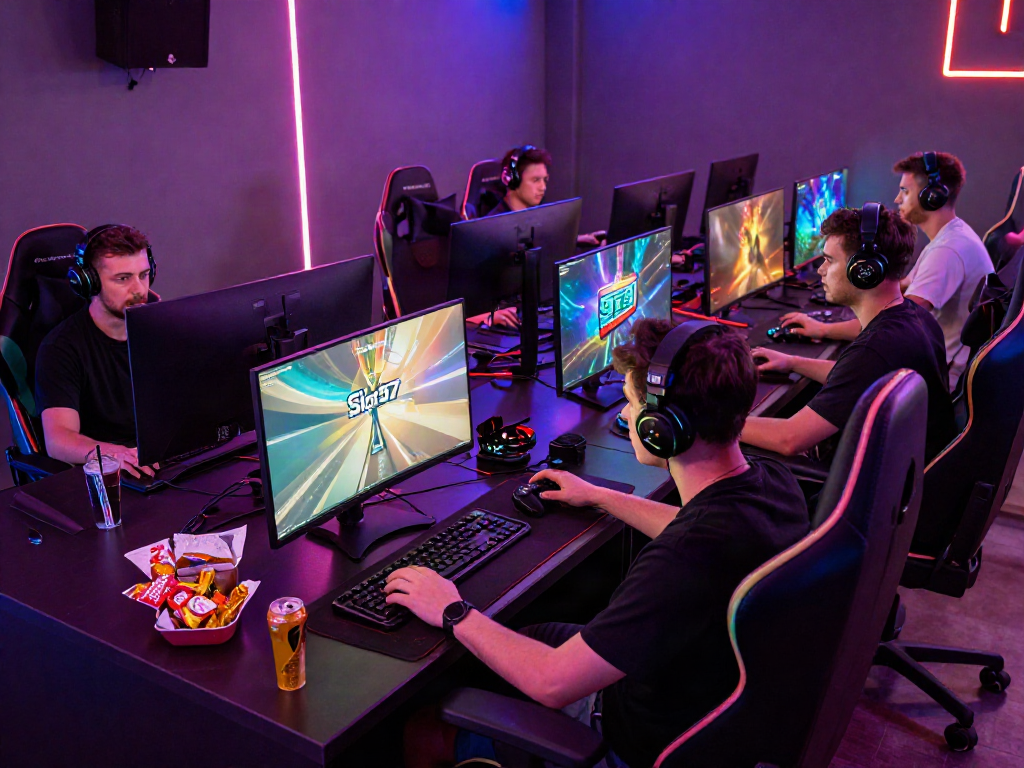 Gamers immersed in a thrilling session featuring slot97 in a neon-lit lounge.
