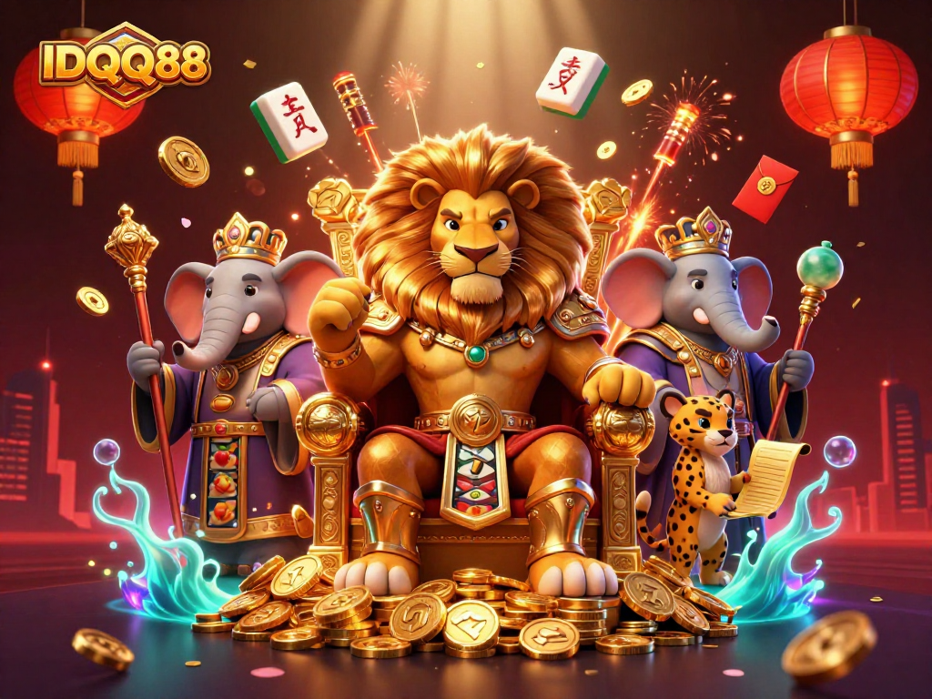 Experience the excitement of IDQQ88 with the vibrant lion king, wise elephant, and swift cheetah in a dynamic casino scene.