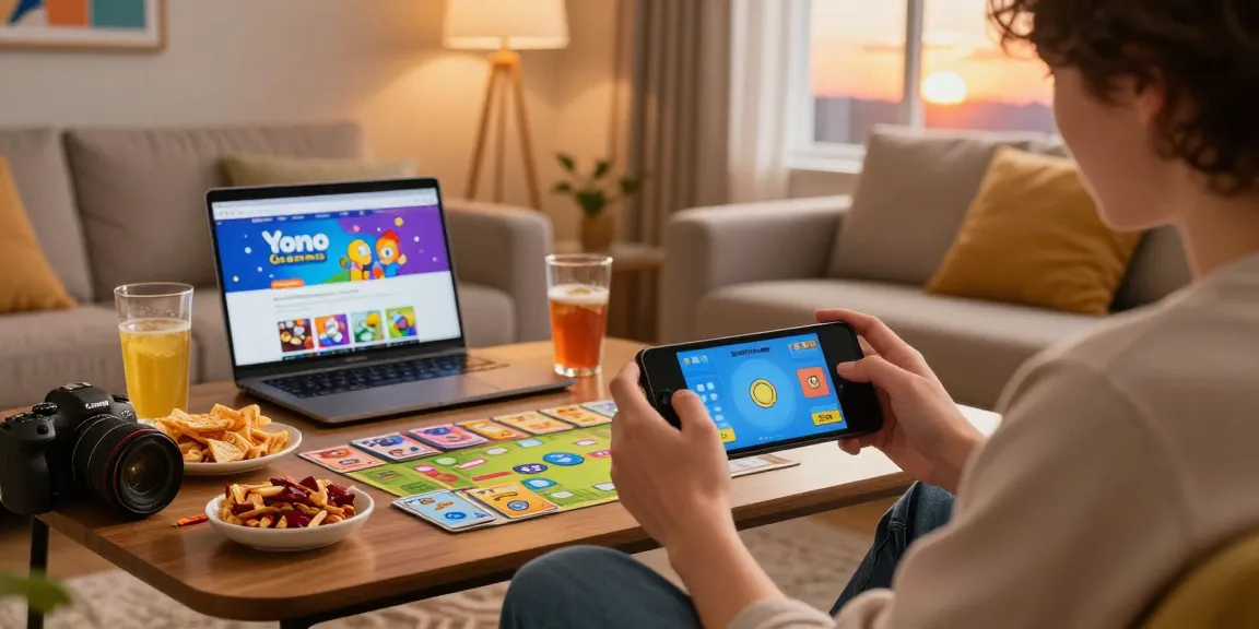 Engaged adult playing yono games on smartphone in cozy living room, snacks nearby.