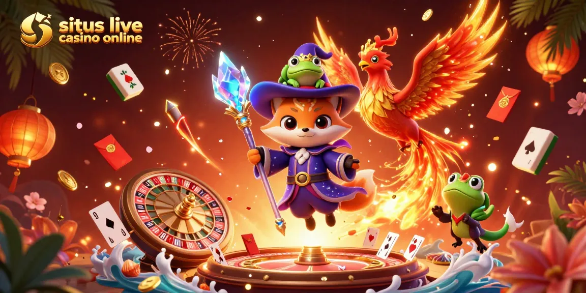 Experience the excitement of situs live casino online with our vibrant 3D illustration featuring magical characters.