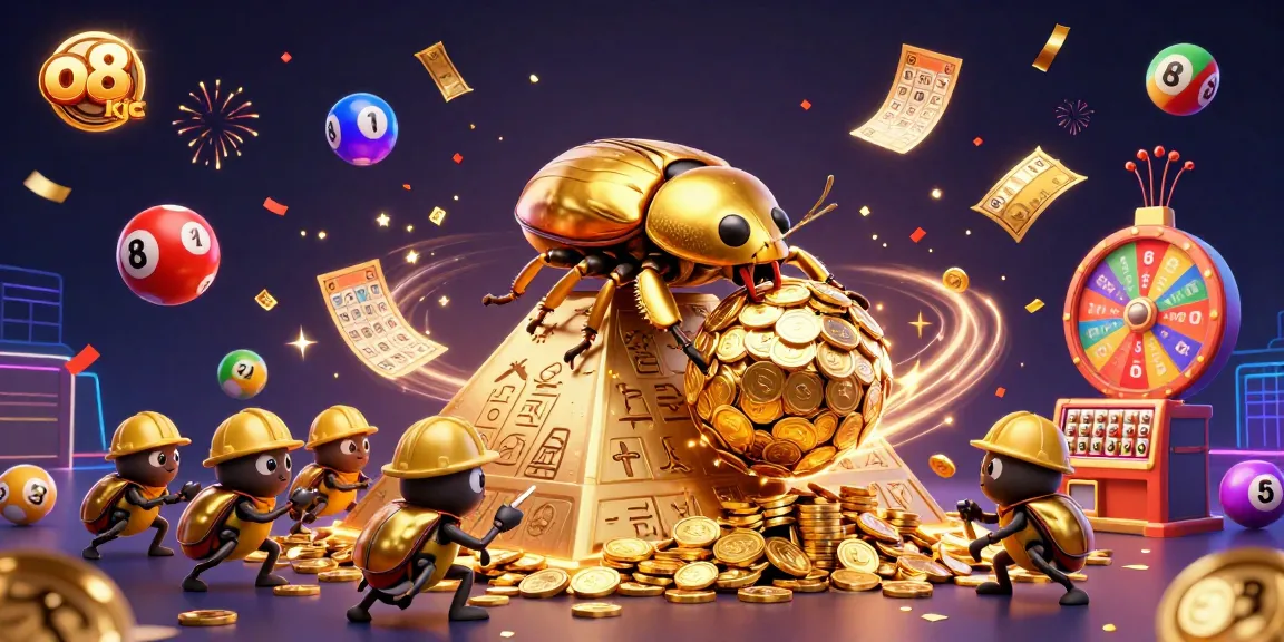 Engage with o8 kjc in this vibrant, dynamic casino scene featuring golden beetles, lottery elements, and festive effects.