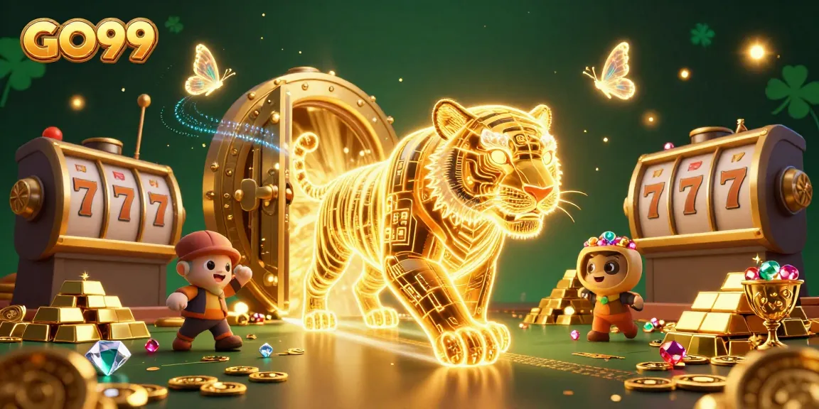 Experience the excitement of GO99 casino with a 3D cartoon rendering of a golden tiger amid slot machines and treasures.