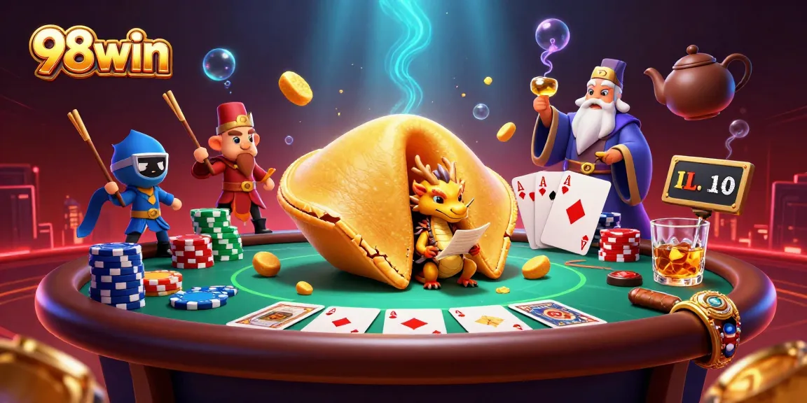 Engage in thrilling gameplay at 98win with poker chips, a golden fortune cookie, and dragons in a vibrant casino scene.