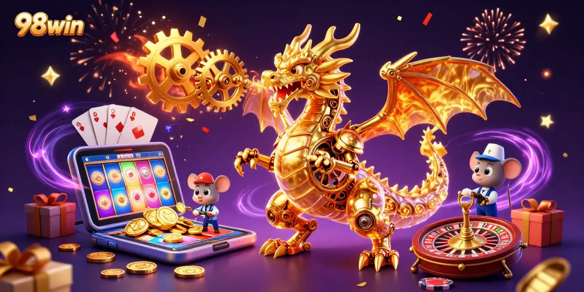 98win platform featuring a golden dragon and lively casino elements, showcasing excitement and entertainment.