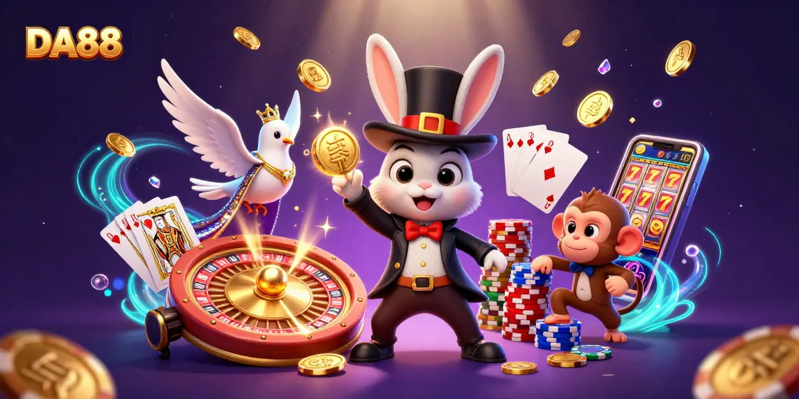 Experience thrilling moments at DA88 with a magician rabbit, poker chips, and dazzling casino elements.