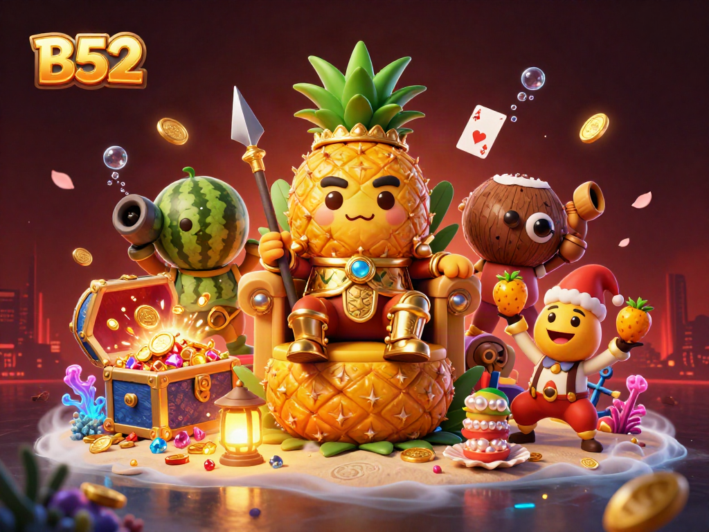 Win big at B52 with the golden pineapple king and treasures flowing from a magical treasure chest.