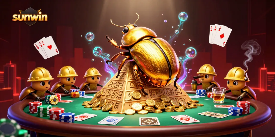 Sunwin engaging players with an exciting casino scene featuring poker elements and golden coins.