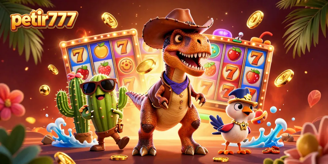 Join petir777 in thrilling slot gameplay featuring T-Rex, cactus, and roadrunner characters amidst dynamic jackpot symbols.