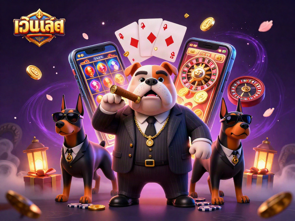 Engage in เว็บสล็อต with a mafia boss bulldog and his Doberman bodyguards amidst a colorful slot scene.