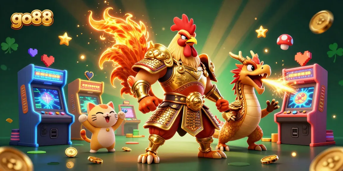 Join the go88 adventure with the fighting rooster, armored dragon, and fortune cat in an exciting casino scene.