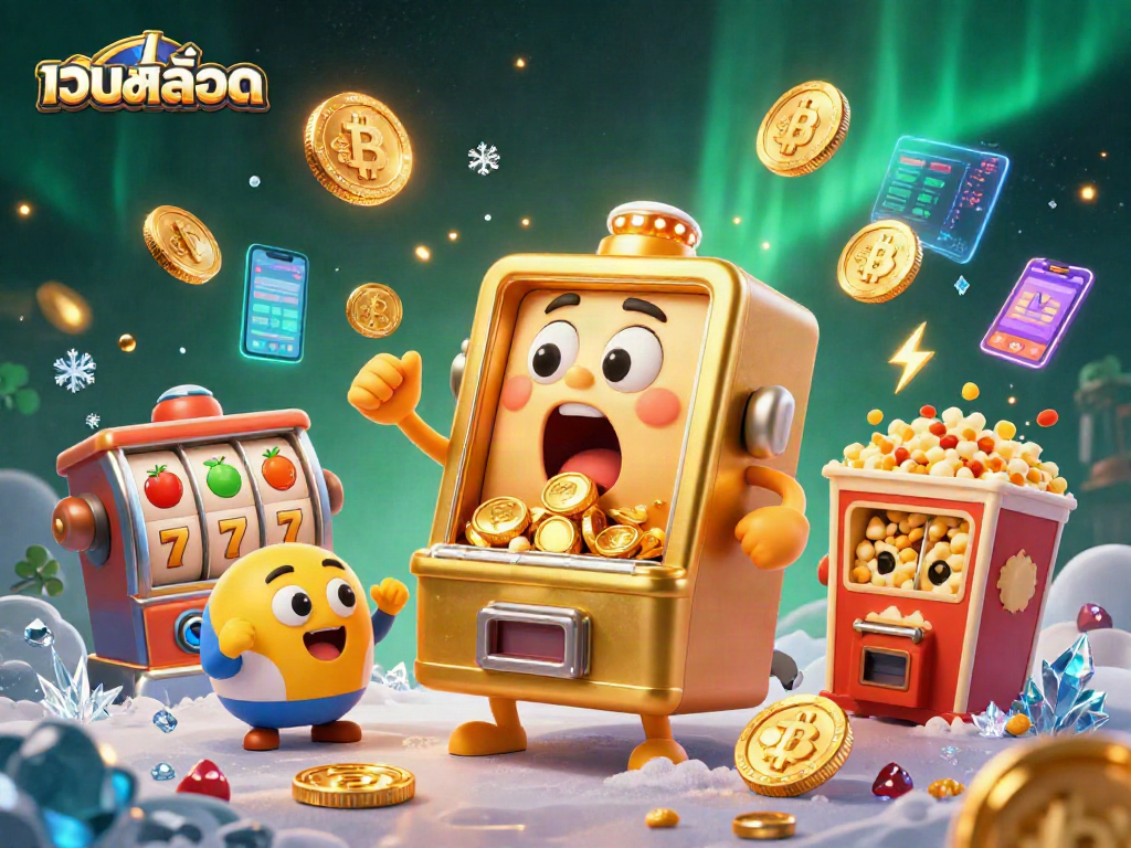 Spin and win with เว็บสล็อต as the joyous golden slot machine celebrates its jackpot amidst cheering companions and crypto-rich elements.