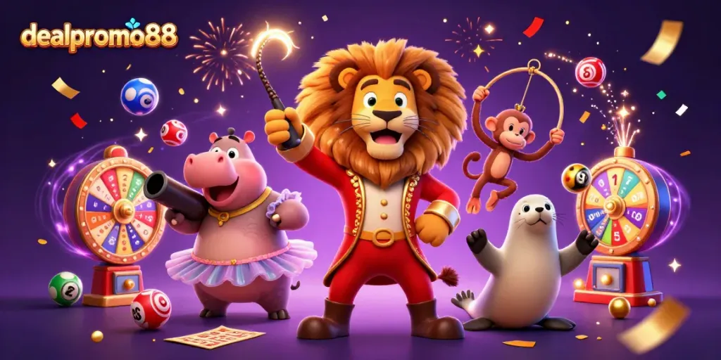 Watch dealpromo88's stunning circus-themed casino scene come alive with vibrant elements and dynamic action.