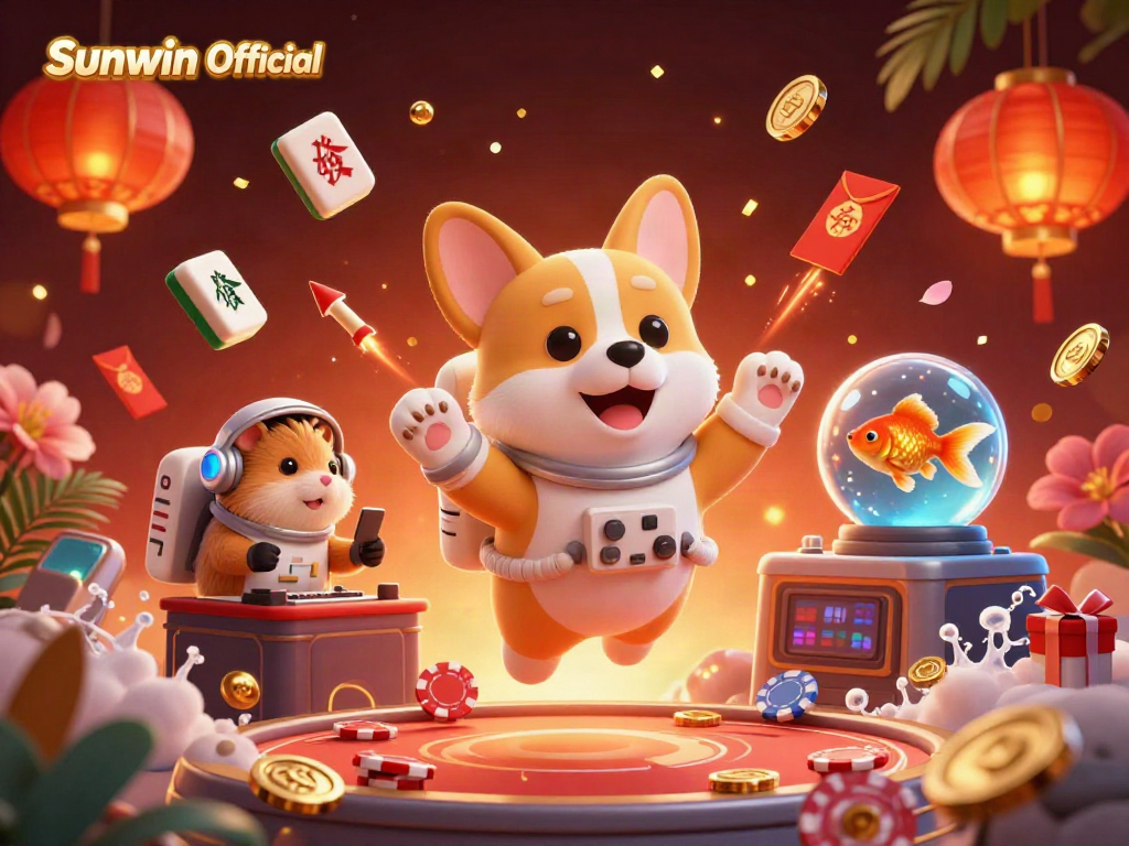 Experience the excitement at Sunwin Official with a floating galactic casino scene featuring the astronaut corgi amid colorful game elements.