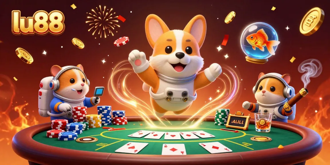 Engage with thrilling poker action at lu88, featuring a corgi astronaut amidst floating chips and golden coins.