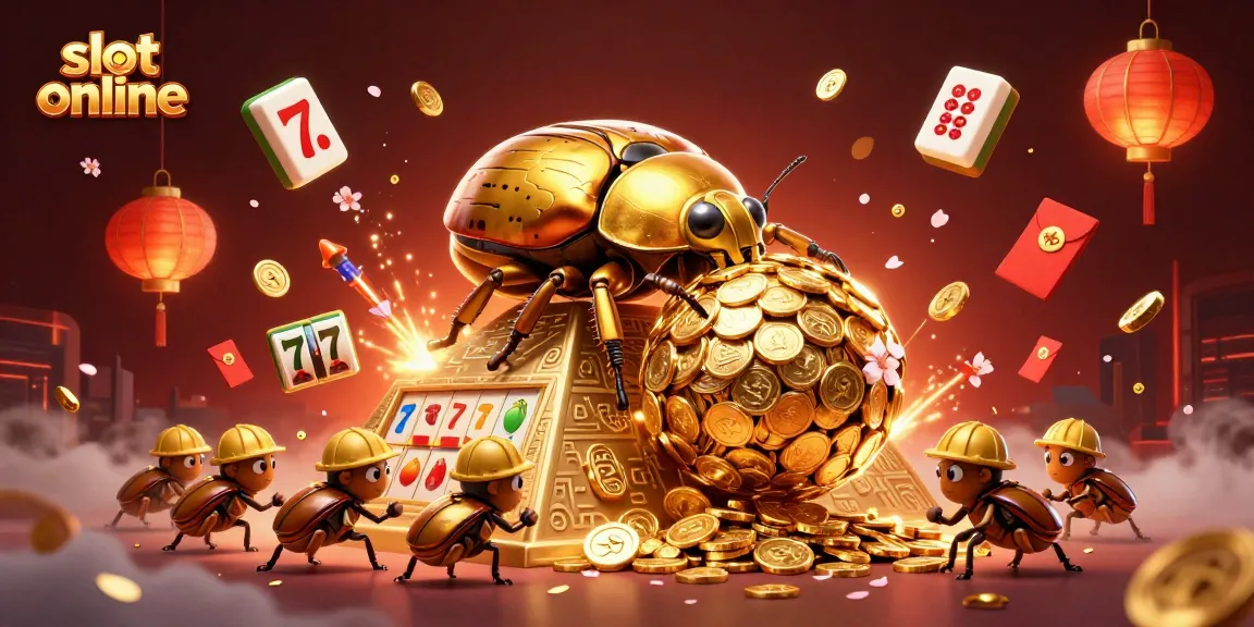 Experience thrilling slot online games in this vibrant 3D illustration featuring golden beetles and casino symbols.
