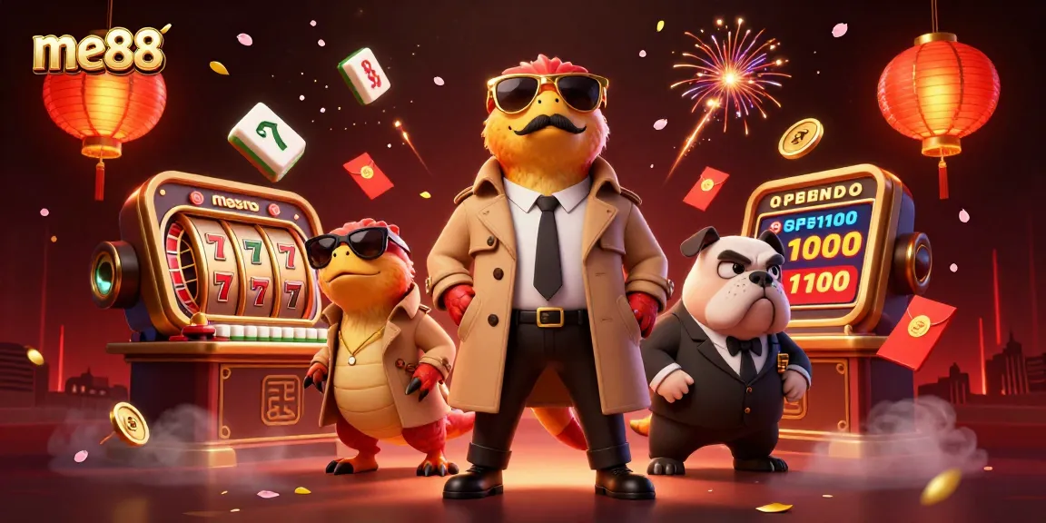 Experience me88's vibrant gaming world with unique characters in a playful casino scene.