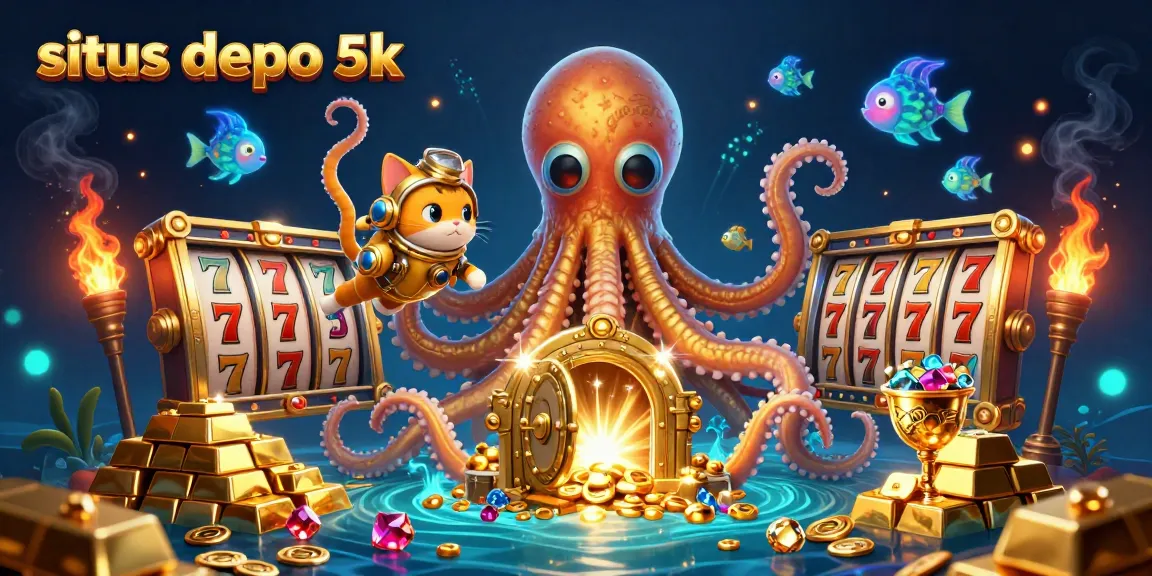 Engage with situs depo 5k featuring a dynamic kraken scene filled with treasures and slot elements.