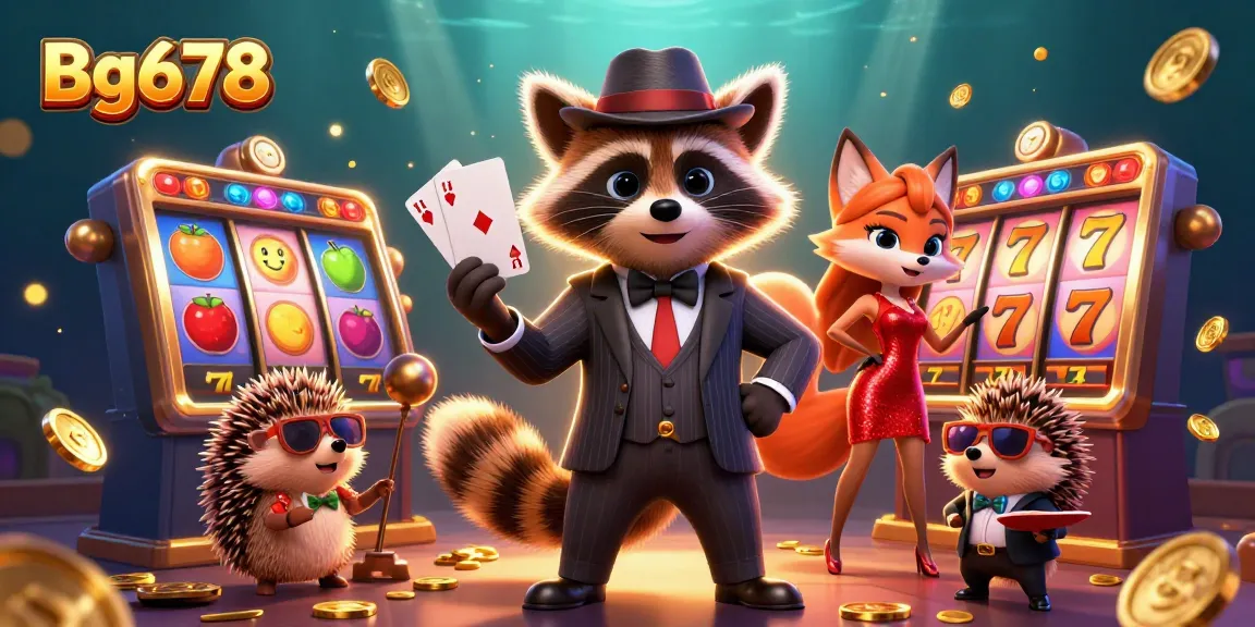 Join the excitement with Bg678's engaging slots as the suave raccoon showcases a royal flush.