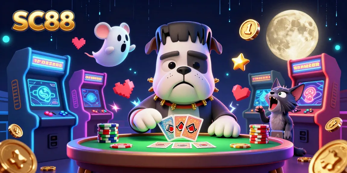 Watch the SC88 bulldog monster skillfully deal cards at a spooky casino table, vibrant with arcade elements.