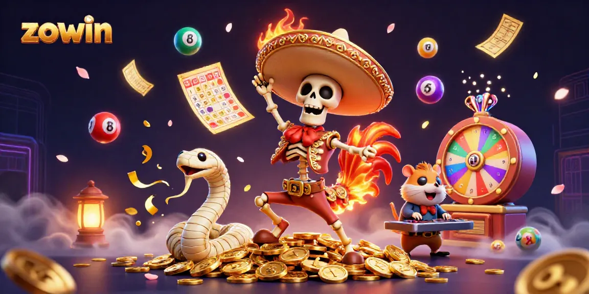Zowin game action scene with a victorious mariachi rooster dancing on gold coins surrounded by dynamic lottery elements.