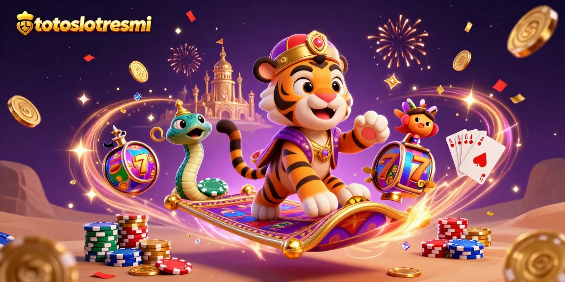 Experience thrilling adventures with totoslotresmi's captivating characters and action-packed slot games in a vibrant casino scene.
