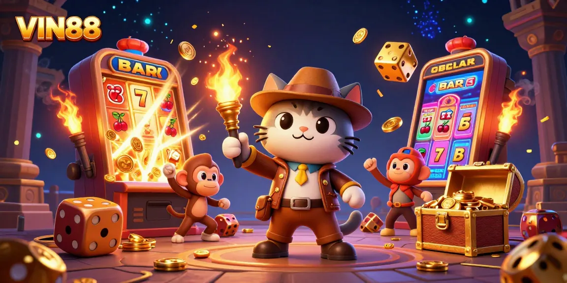 Experience the exciting world of VIN88 with a 3D illustration featuring a treasure-hunting cat in a vibrant casino.