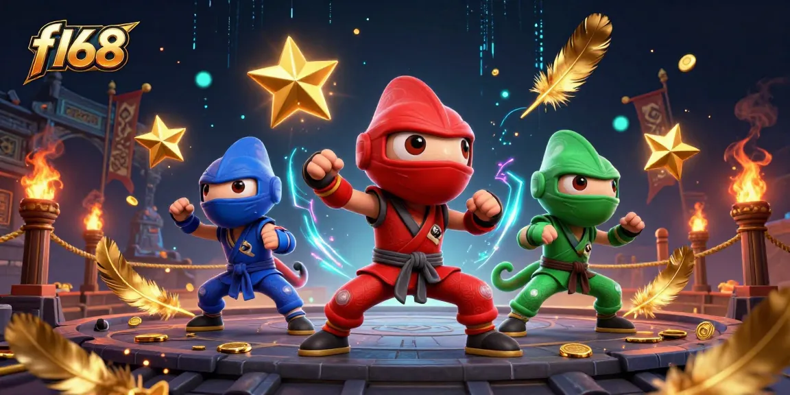 Experience the excitement of f168's ninja chameleon team showcasing dynamic casino martial arts skills amid gold coins and betting tokens.