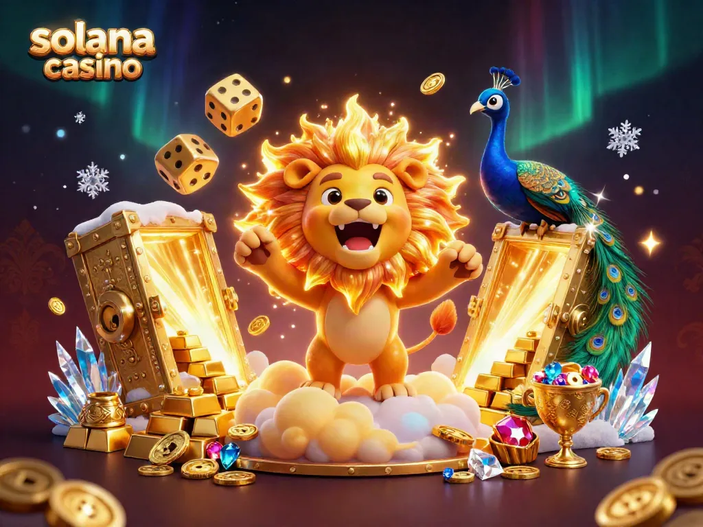 Engage with solana casino in a vibrant 3D illustration featuring a roaring lion and dynamic game elements.