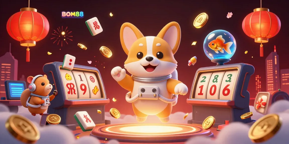 Experience captivating gameplay with BOM88's floating casino scene filled with animated slot reels and festive symbols.