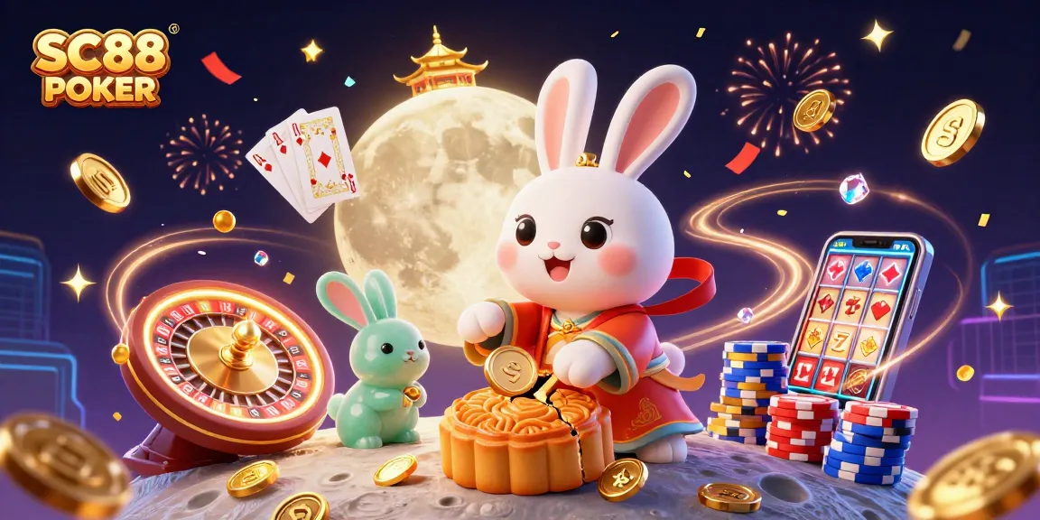 Experience SC88 POKER in a lively 3D scene featuring folklore rabbits and casino elements.