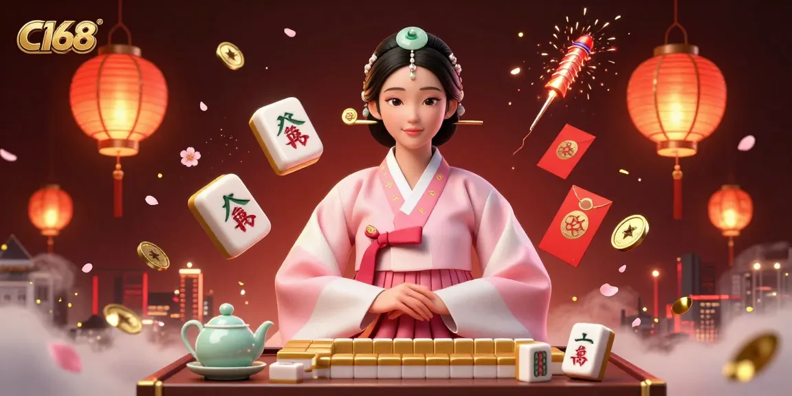 C168 offers an immersive gambling experience with mahjong tiles, lanterns, and lucky symbols in a vibrant digital casino scene.